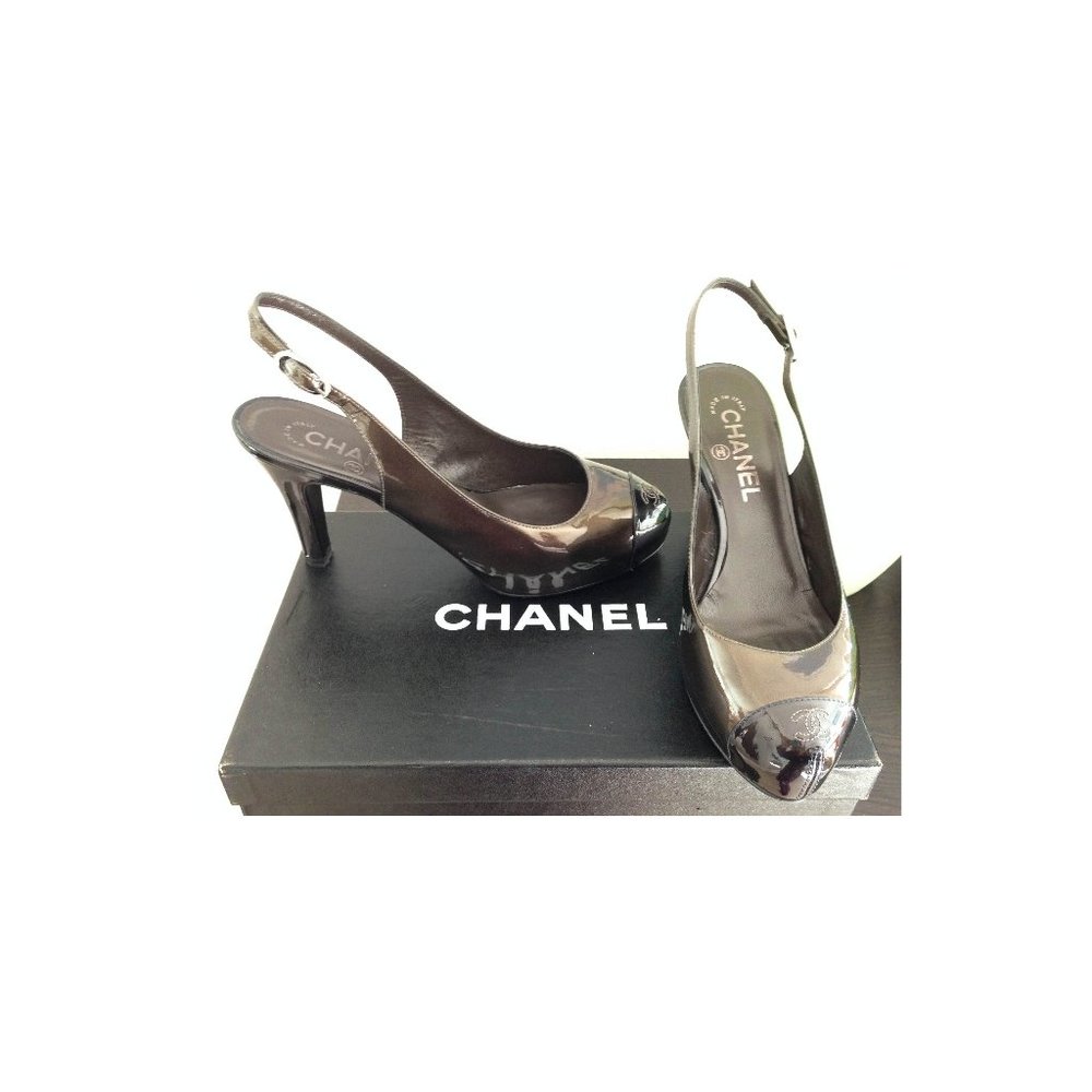 Auth Chanel CC LOGO TOE bronze w/ black slingback pumps box bags SZ 7 US 37 EU